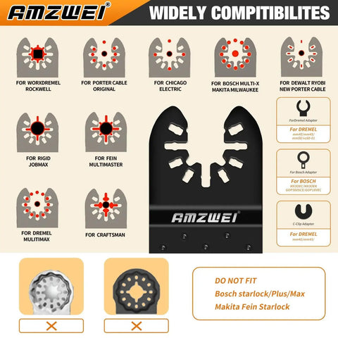 Compatibility chart of Massive 190 Piece Oscillating Tool Blades Kit For Wood Metal Plastic Cutting With major brands listed.
