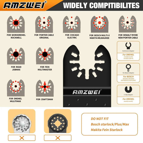Compatibility chart for 50 Piece Titanium Oscillating Tool Blade Kit For Metal Wood Plastic That Cuts Like A Boss With Curved Edge And HCS Blades