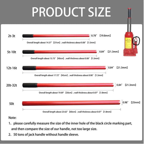 Product size chart for Hydraulic Bottle Jack Handle Replacement For Floor Jacks Red Vertical Car Jack Handle Sleeve Portable Durable 2T To 3T Capacity Must Have For Quick Lifts Back Up Tool Easy To Clean And Store On The Go, showing various jack handle lengths and diameters.