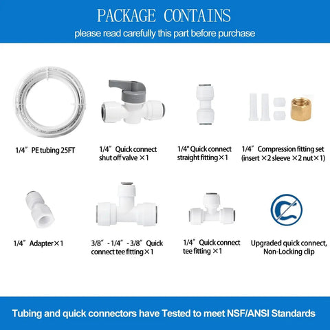 Ice maker water line kit with 25 ft 1/4 in PE tubing and quick-connect fittings.