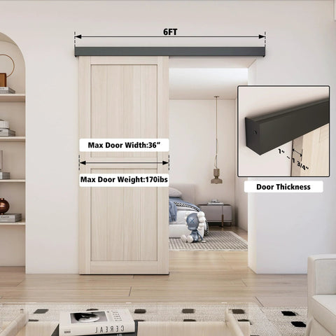 Installed 6Ft Barn Door Hardware Kit With Low Clearance Aluminum Box Rail Track System for 36-inch door