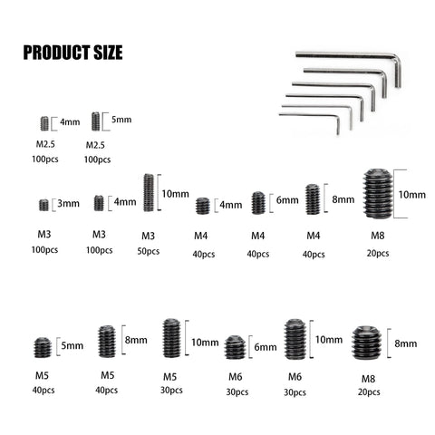 Stainless Steel Allen Head Cup Point Set Screws Kit For Doors And Lighting 786 Piece Metric M2.5 M3 M4 M5 M6 M8 hardware sizes