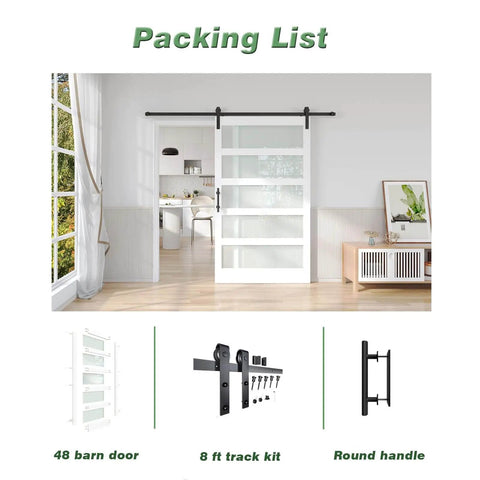 White Frosted Glass Barn Door 48 By 84 Inches With 96 Inch Sliding Hardware Kit Included And Handle PVC Surface Waterproof Simple To Clean Solid Wood Core With Durable MDF Needs Assembly Modern Farmhouse Style installed in a living room setting.