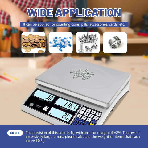 Heavy Duty Counting Scale For Small Parts 30kg 66lb Capacity, 1g Precision, Switchable Modes on workbench with items