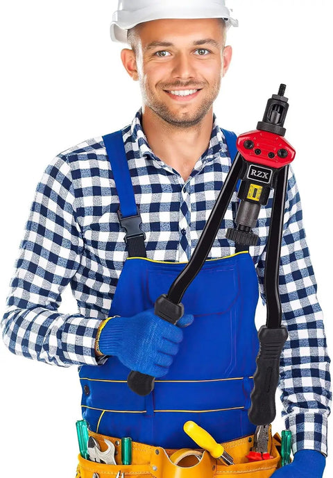 Worker holding Heavy Duty Rivet Nut Tool Hand Blind Riveter With 16 Inch Carbon Steel Arm And Tool Free Quick Change Head