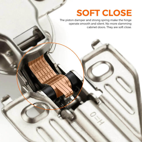 Close-up of Concealed Full Overlay Cabinet Hinges 105 Degree Soft Close 4 Pack, showing spring mechanism and metal finish.