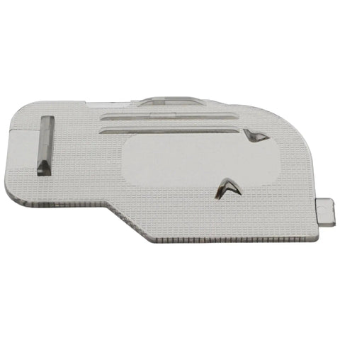 Front view of silver metal bobbin cover plate for Brother and Babylock sewing machines (XC2369051).