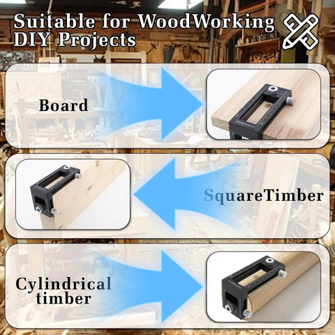 Pro Grade 2-In-1 Doweling Jig Kit for woodworking on board, square timber, and cylindrical timber with aluminum alloy body.