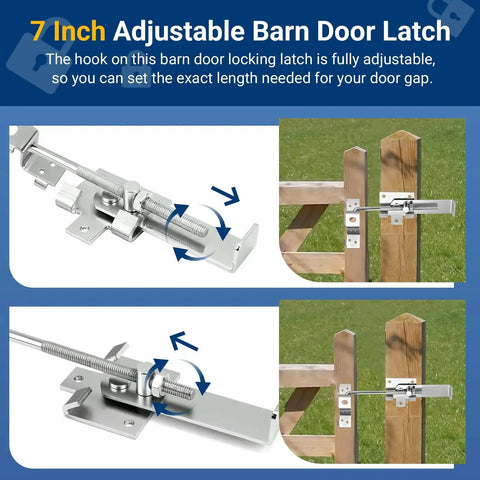 7 Inch Adjustable Barn Door Jamb Latch With Hook for bi-parting doors, installed on wooden fence for secure closure.
