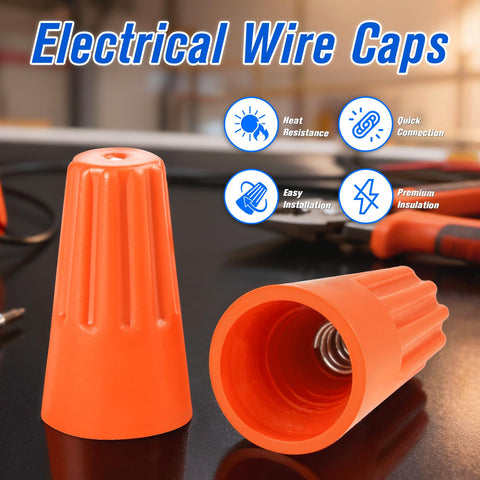 Two orange plastic wire cap connectors; one open shows inner metal spring, for electrical wiring.