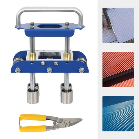 Blue V-Shaped Edge Bead Roller Hand Sheet Metal Bender 0-90 Degree Flex Pro Grade Standing Seam Roofing Tool shown with scale and shears.
