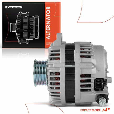 Side view of Alternator Replacement For Nissan Titan 2004 2006, Pathfinder Armada 2004 2006, Armada 2005 2006, Infiniti QX56 2004 2006 5.6L V8 12V 130A 7 Groove Pulley Clockwise Rotation Replace 23100 8S100 OEM Grade Plug And Play Workhorse with packaging