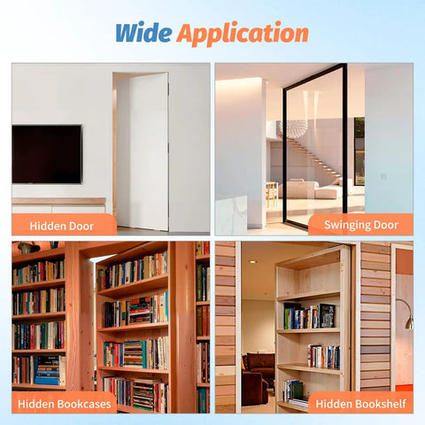 Wide application of Heavy Duty Hidden Door Hinge Kit With 570 Lbs Load Bearing, 360 Degree Swing Pivot Hinge, shown in different installations.
