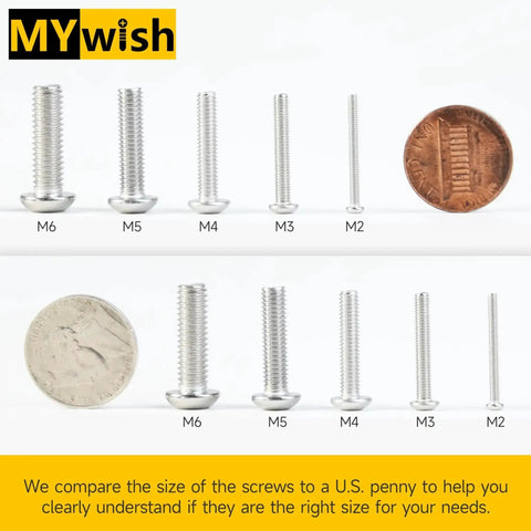 Comparison of M2 to M6 hex socket button head screws from 800 Piece M2 Screw And Nut Kit with a U.S. penny for size reference.