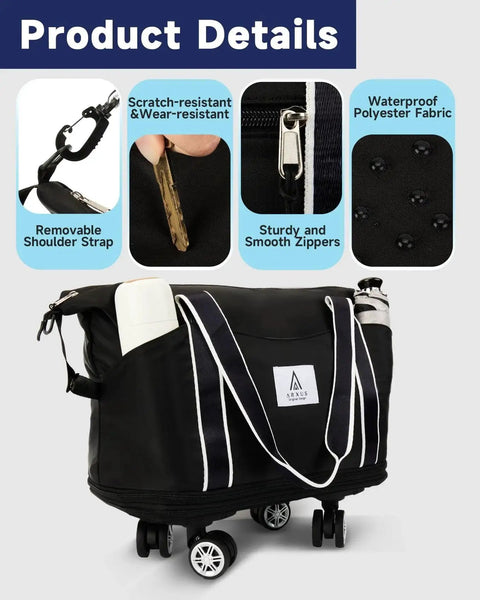 Versatile Rolling Duffle Bag With Detachable Wheels and Adjustable Shoulder Strap, black polyester, product details highlighted