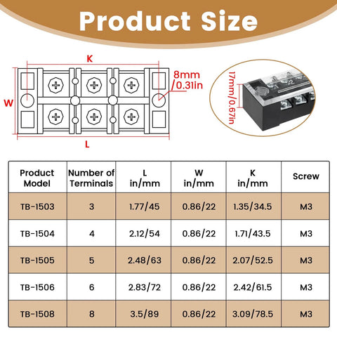 Diagram and chart showing dimensions of 10 Pack 15A Screw Terminal Blocks With Wiring Strips, Dual Row, Covered, Pre Insulated Jumpers, 600V