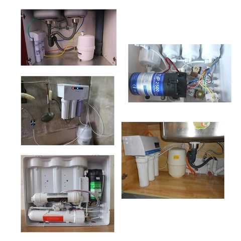 Under-sink RO water filter kit with NSF 3/8 inch push-to-connect fittings 30 pcs and 30 ft tubing, Amazon brand.