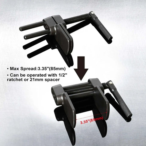 Heavy Duty Disc Brake Pad Spreader Tool For Caliper Piston Retraction showing tool dimensions and operation options.