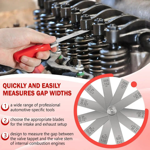 Offset Valve Tappet Gauge Set With Premium 11 Blade Feeler Gauge Kit measuring valve gap in a car engine with red handle.
