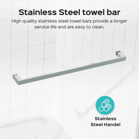 Stainless steel towel bar mounted on white tiled bathroom wall with text description.