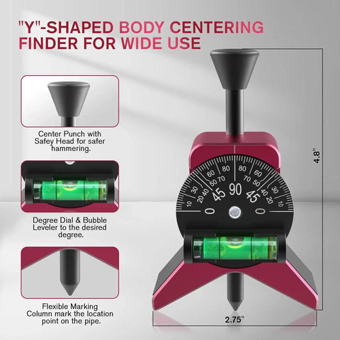 Magnetic Pipe Center Finder Tool With Y Shape Pipefitter Gauge And Adjustable Dial Bubble Protractor For Hands Free Use Fits 1-1/2 To 6 Inch Pipes 2.75 Inch Centering Head For Fast Accurate Pipe Layout