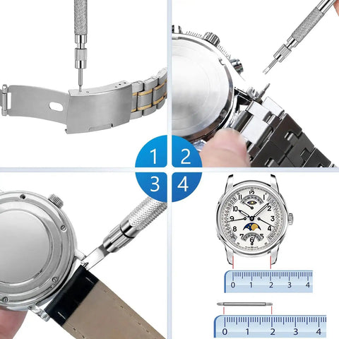 Must Have All In One Watch Band Repair Kit With Spring Bar Tool And Link Removal Tool 56 Stainless Steel Spring Bars For 16 26mm Bands Includes Handy User Manual Durable Waterproof Build For Replacing Straps And Adjusting Links showing detailed tool usage on watch bands.