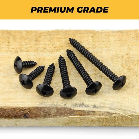 100 Pack Size Six Black Truss Head Self Tapping Screws For Wood Sheet Metal And Plastic Stainless Steel 304 Rust Resistant With Black E Coating Phillips Bit Included One Inch Length Ideal For Indoor And Outdoor Projects displayed on wood
