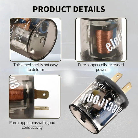Product details of Two Pack 12V Heavy Duty Flasher Relay For Cars Trucks SuvS Motorcycles And Marine Use 2 Pin Round Electronic Turn Signal Blink Relay To Stop Hyper Flashing And Fix Hazard Lights No Fuss Replacement Accessory, showing close-ups of thickened shell, pure copper coils, and pins with good conductivity.