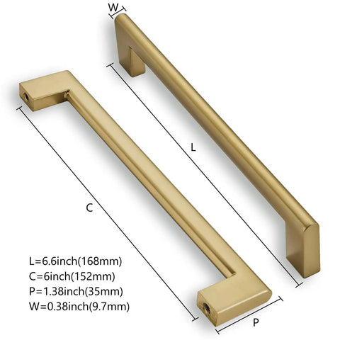 Diagram of Six Pack 6 Inch Center To Center Brushed Brass Cabinet Pulls showing dimensions and solid metal design.