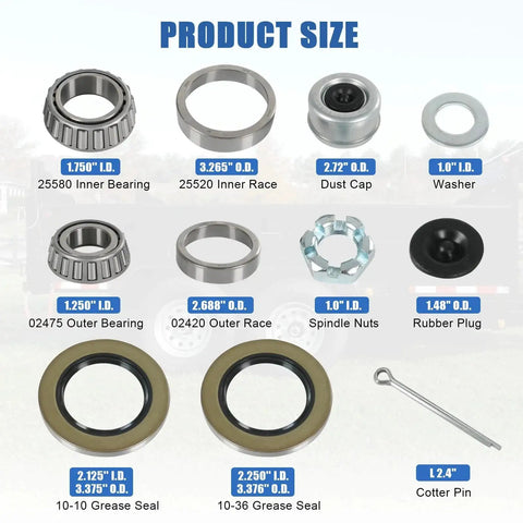 Four Sets 8000 Lb Trailer Axle Bearing Kit For 1.25 To 1.75 Inch D42 Spindle Includes 25580 Inner Bearing and 02475 Outer Bearing