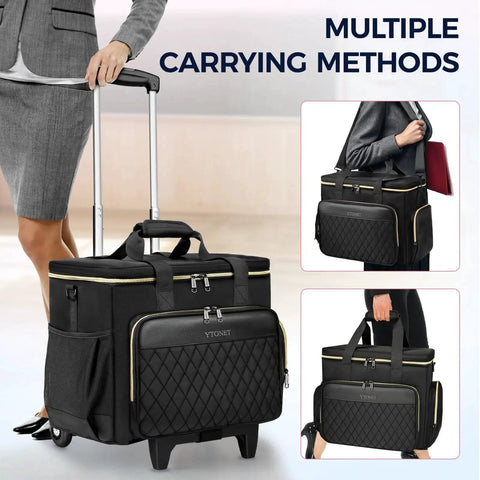 Rolling Teacher Bag With Detachable Dolly And File Compartment shown in various carrying methods.