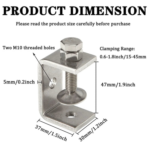 C-clamps two 304 stainless steel units with two M10 holes; heavy-duty G-clamps 15–45 mm clamping range.