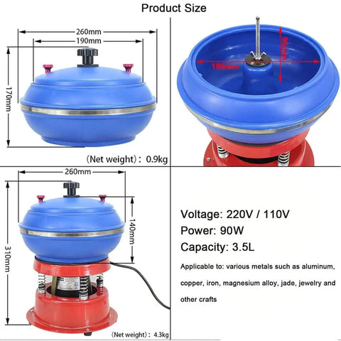 Jewelry Tumbler Polisher Workhorse, 90W Vibration Polishing Machine For Metal Parts, 3.5 Liter Capacity with size specifications