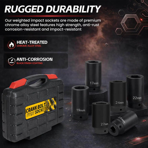 Half Inch Drive Crank Bolt Socket Set 17mm 19mm 21mm 22mm 24mm 27mm Deep Counterweighted Impact Sockets with carrying case