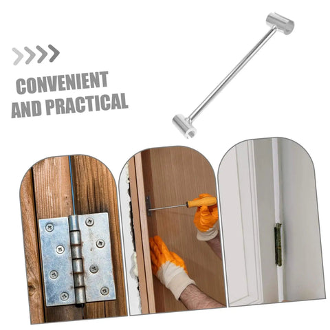 Heavy Duty Adjustable Hinge Wrench Kit For Door Hinge Repair And Alignment showing wrench and hinge alignment process