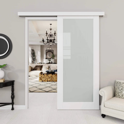 36 Inch By 80 Inch White Sliding Barn Door With Hardware Kit Full Lite Tempered Frosted Glass Solid Core Construction Paintable Surface For Closet Bedroom And Bathroom No Hassle Easy Install, installed in a living room showing decor details.