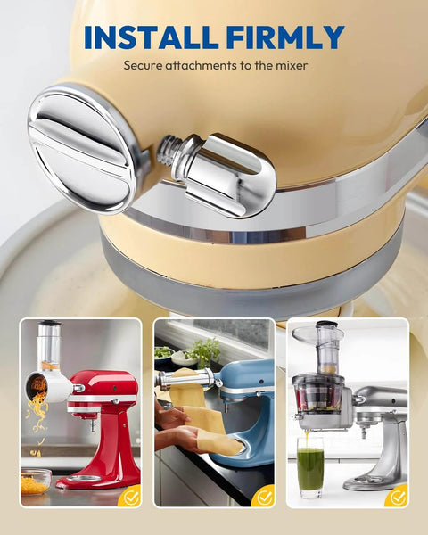 Attachment Thumb Screw For Stand Mixer Attachments Upgraded 6061 Aluminum 1.65 Inch Long Chrome Finish Replacement Part Replacing 9709194 4162142 240374 Keeps Mounts Secure And Clean With Easy Install, shown installed on a stand mixer with various attachments.