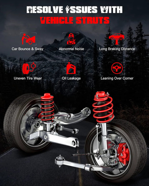 Illustration of vehicle struts showing components with icons for issues like bounce, noise, braking, and tire wear.