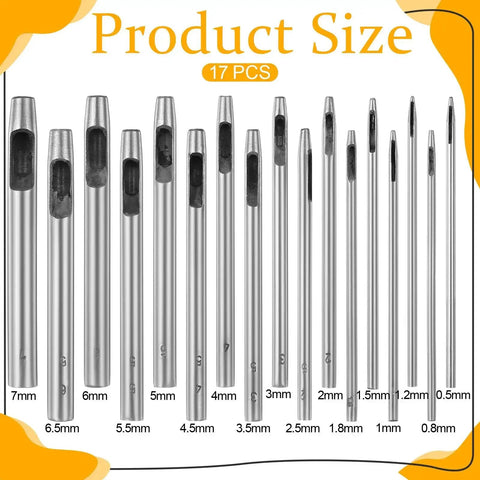 Pro Grade Beefy Leather Hole Punch Set With 0.5 To 7mm Hollow Punches Durable Metal Round Punches Belt Hole Puncher 17 pcs sizes