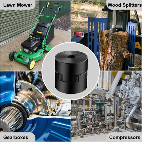 Collage with L090 3-Piece L-Jaw Coupling Set center image, lawn mower, wood splitter, gearboxes, compressors in background