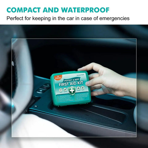 Person placing Ultimate 420 Piece First Aid Kit in car compartment, showcasing Compact Waterproof design for emergency use.