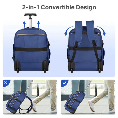 On The Go Rolling Backpack For Women With 17 Inch Laptop Compartment And Smooth Wheels Perfect Carry On Luggage For Air Travel And Overnight Business Trips Dark Blue By Devpnr Pro Traveler showing 2-in-1 convertible design with retractable handle.