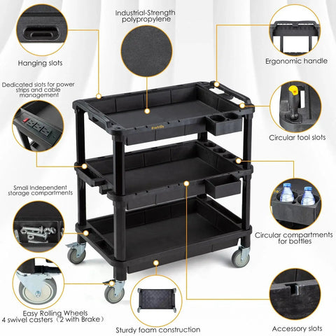 Multi Use Utility Cart With Three Deep Shelves Heavy Duty Service Cart Industrial Grade Tool Organizer Rolling Mobile Cart Holds Up To 500 Lbs