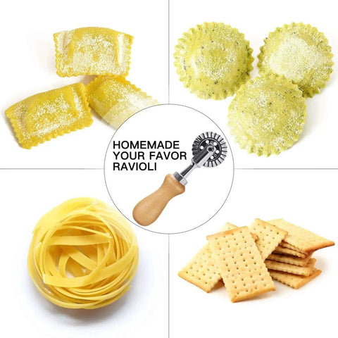 Ultimate Pasta Wheel Cutter With Wood Handle And Aluminum Frame For Home Kitchen shown with assorted pasta and crackers
