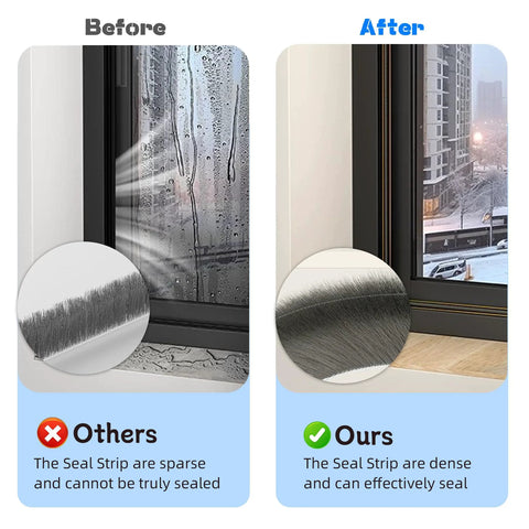 Door brush seal with gray felt pile weatherstripping, self-adhesive draft blocker, 33 ft long.