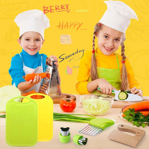 Children using Kid Friendly Toddler Knife Set For Real Cooking With Kidz Safe Blades Protective Gloves Mini Cutting Board