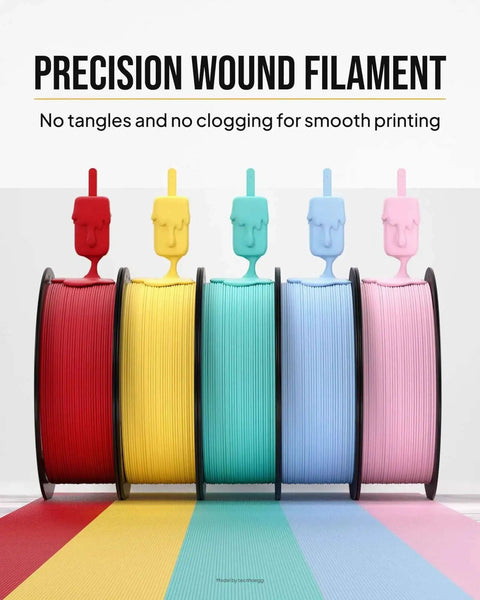 Colorful spools of precision wound filament, showcasing tangle-free quality for smooth 3D printing.