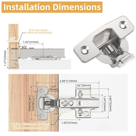 Furniware 10-pack frameless full-overlay soft-close cabinet hinges, stainless steel, clip-on, 45–110° opening.