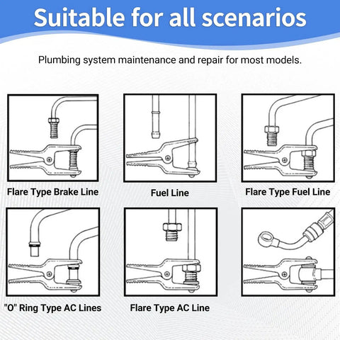 7-piece fluid line stopper set with hose clamp pliers for brake, fuel, and AC lines (flare, O-ring, banjo).