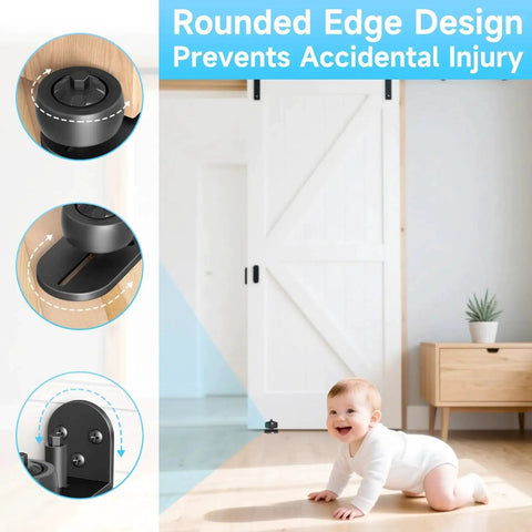 Two Pack Sliding Barn Door Floor Guide Set With Adjustable Rubber Rollers, Flush Flat Bottom And Round Edge Design, Four Setup Options, Quiet Bearing, Rustproof Aluminum Alloy Construction For Smooth Quiet Door Operation installed with child safety in room.